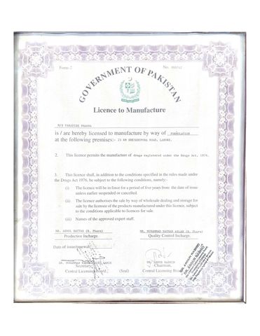 DRAP Drug Manufacturing Licence (DML 000742) - Paradise Pharma