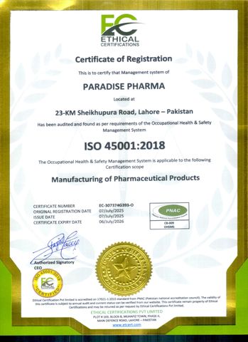 ISO 45001:2018 Occupational Health & Safety - Paradise Pharma